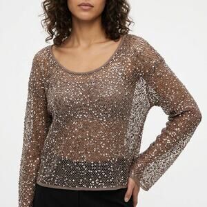 MUSERA Brown Lightweight Top Women Long Sleeve Mesh Size XL